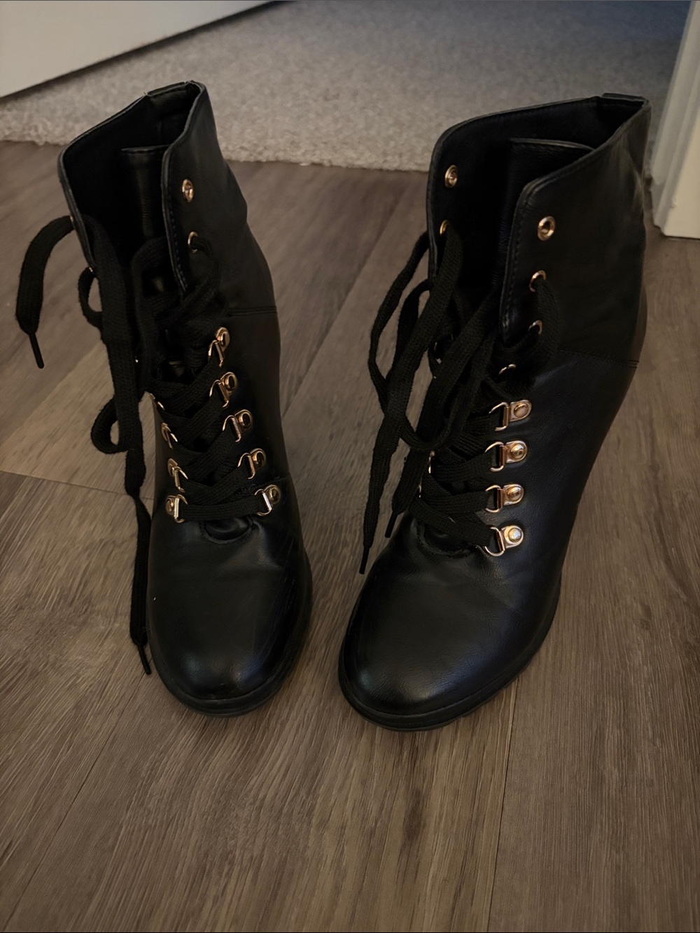 Women’s Black Lace-Up Ankle Boots with Gold Eyelets
